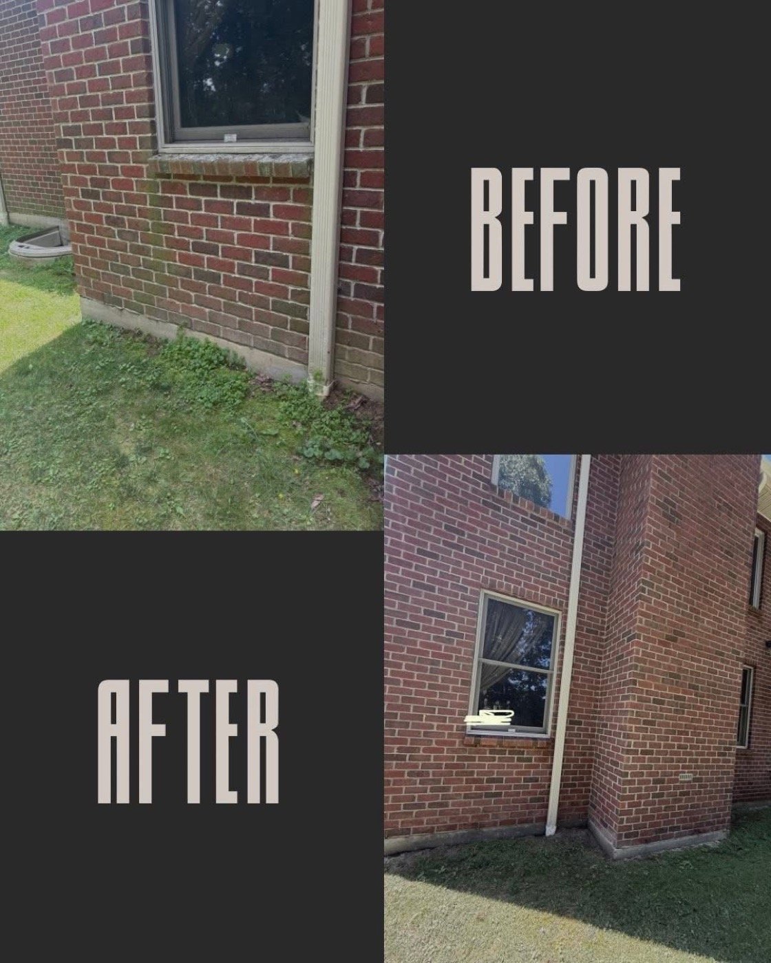 Brick house exterior before and after soft washing, dark mildew stains removed